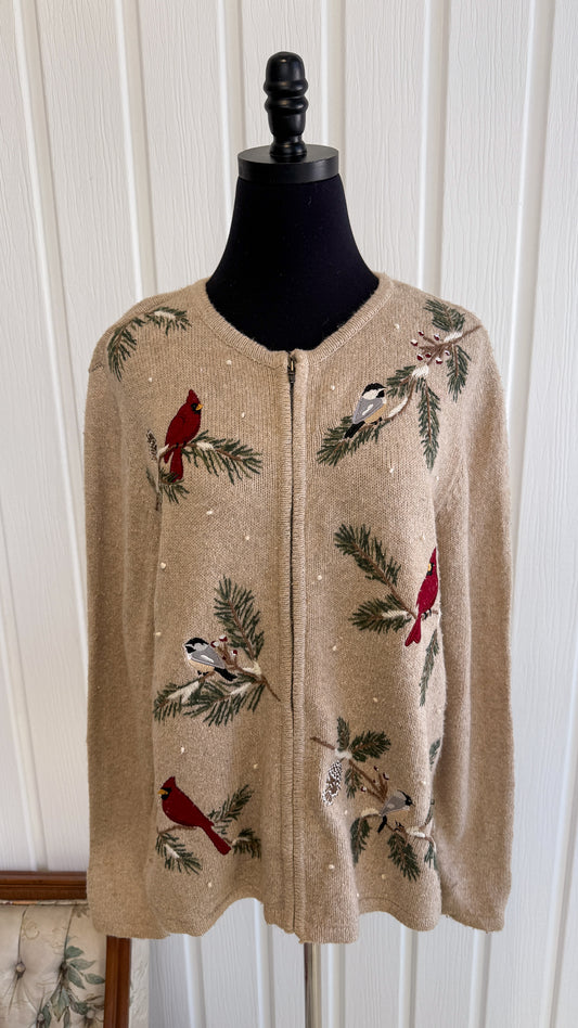 Cardigan tricot beige oiseaux- medium
