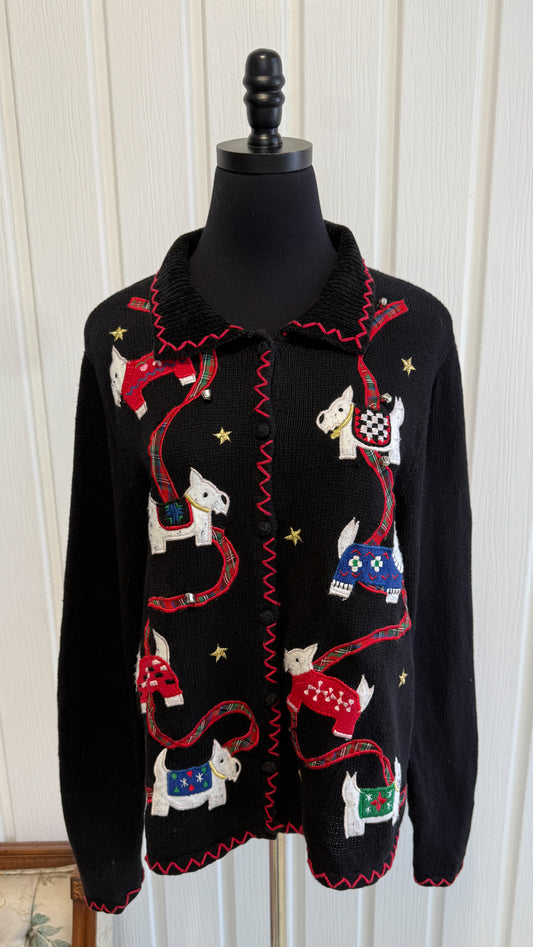 Veste en tricot noir chiens de Noel- large