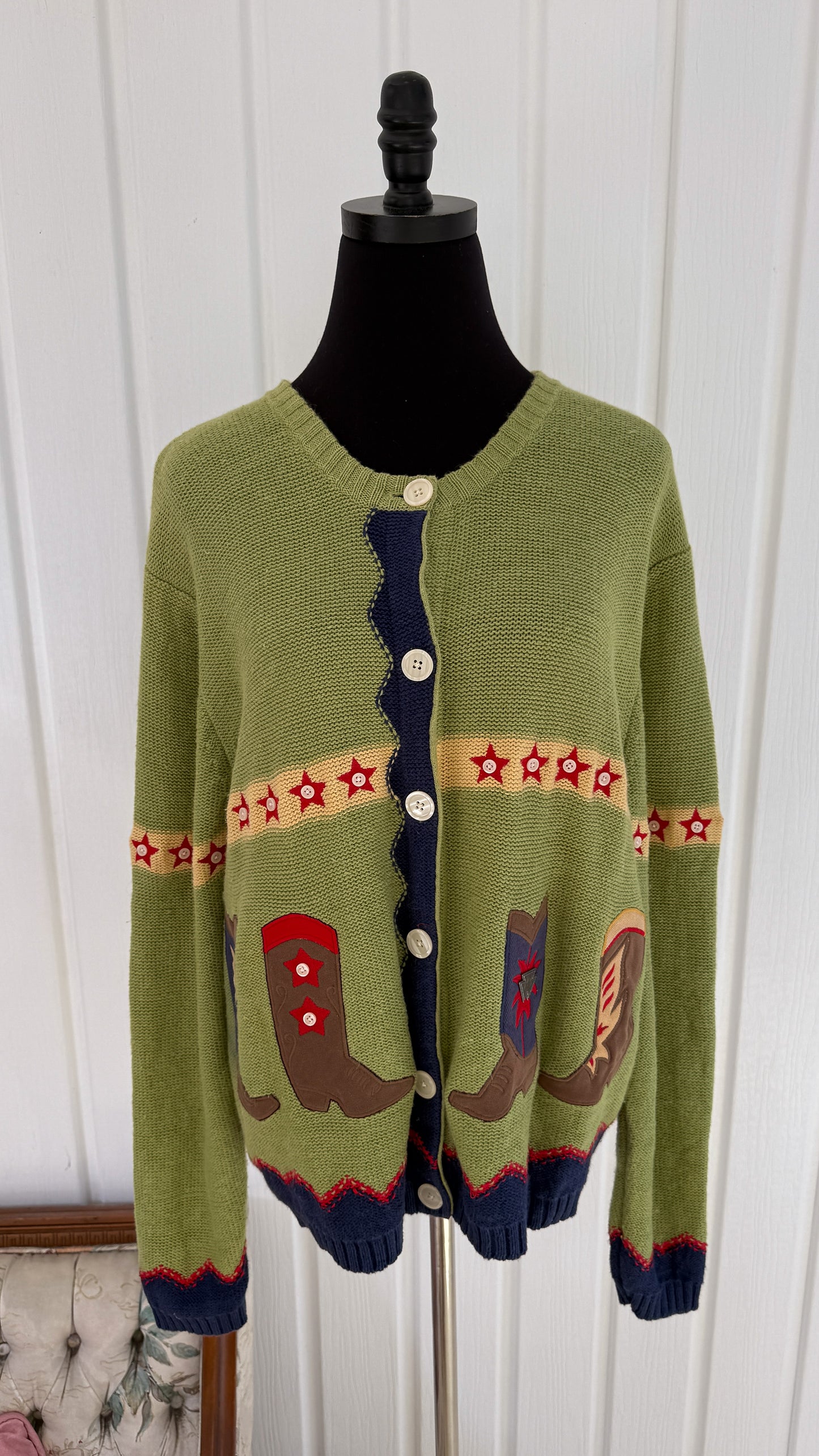Cardigan tricot vert bottes de cowboys- large