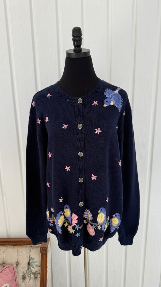 Cardigan tricot marine fleuris/oiseaux- medium