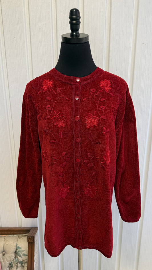 Cardigan tricot velours feuille rouge- large