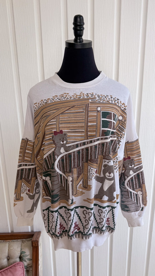 Chandail crewneck blanc oursons chalet- large