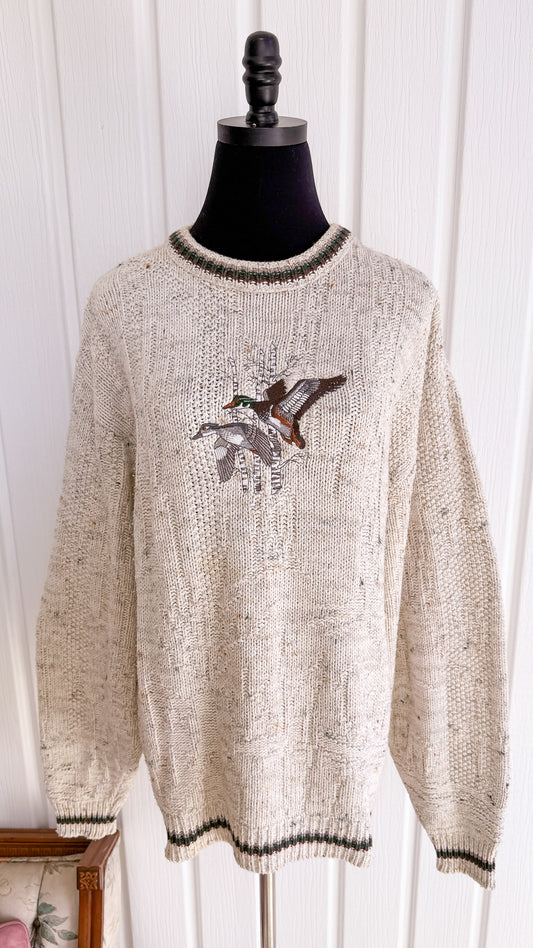 Chandail en tricot beige moucheté canards- large