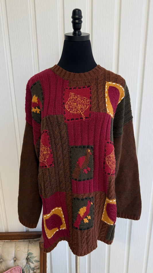 Chandail tricot brun motifs feuilles- large