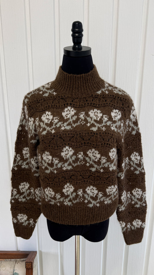 Chandail tricot brun fleuri - small
