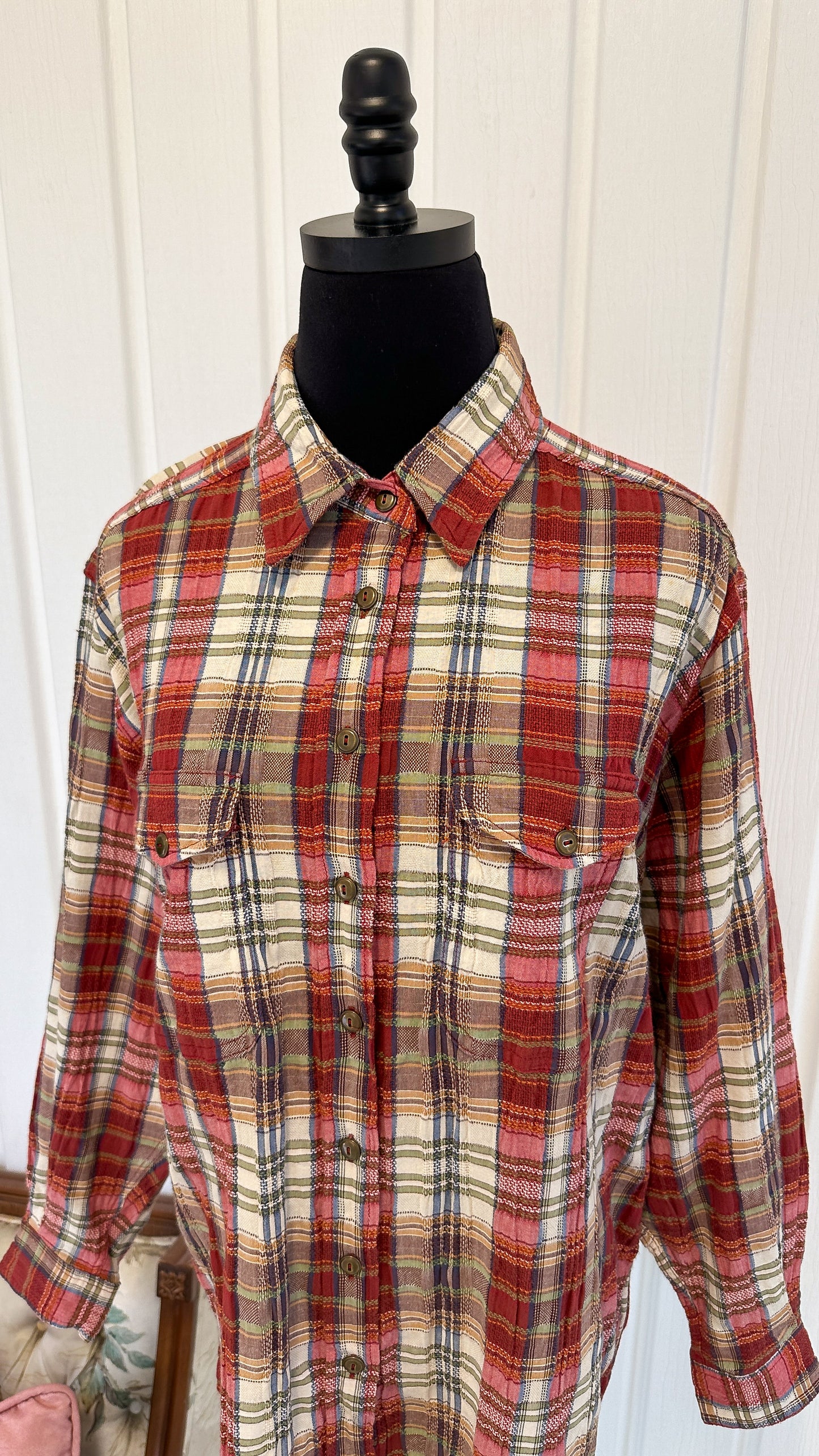 Red and beige plaid blouse - large