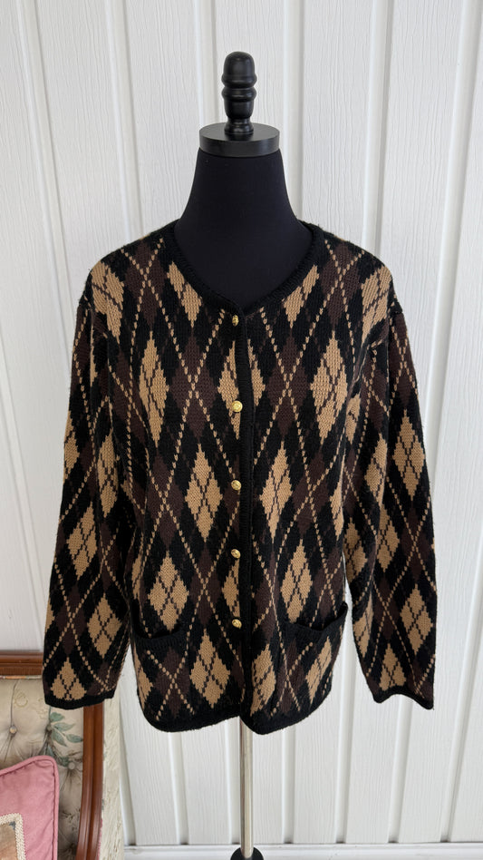 Cardigan tricot losanges noir,brun et beige-medium