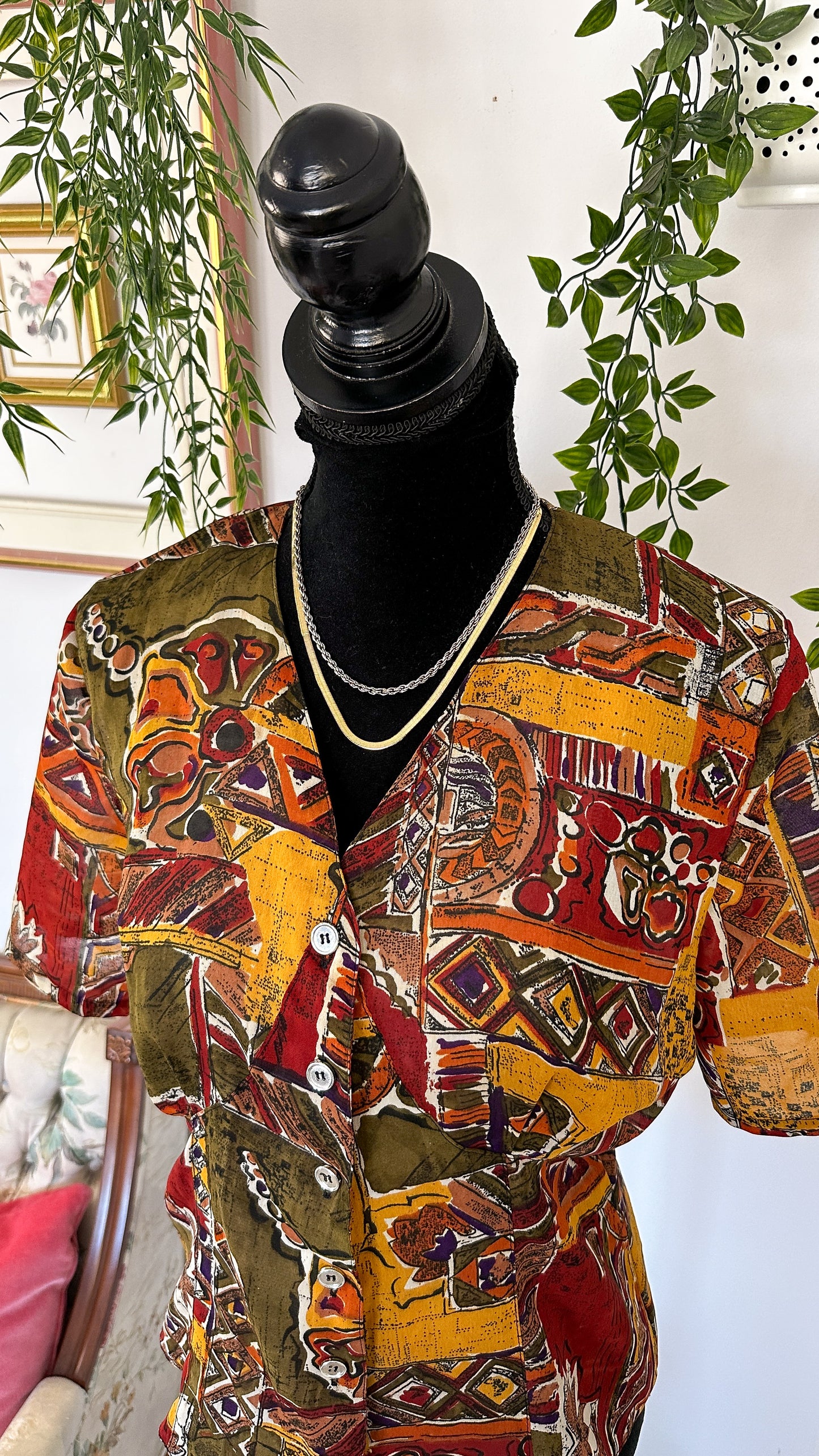 Blouse with abstract yellow, red and green patterns - medium