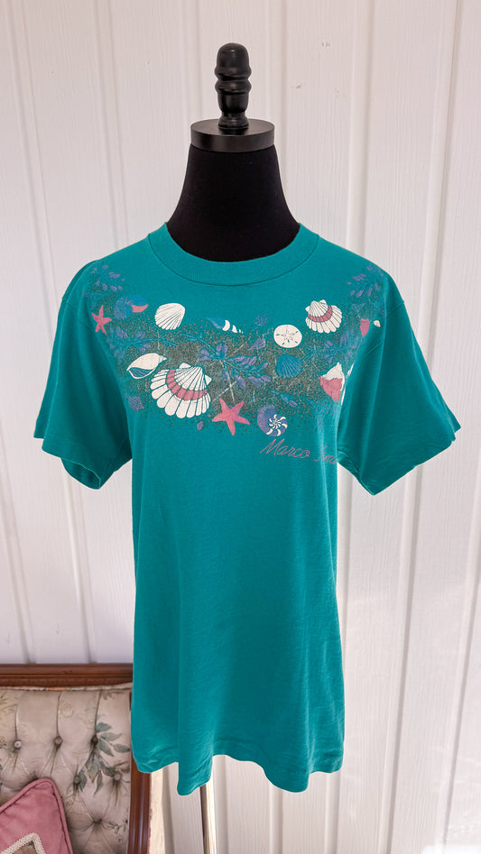 T-shirt turquoise coquillages- small
