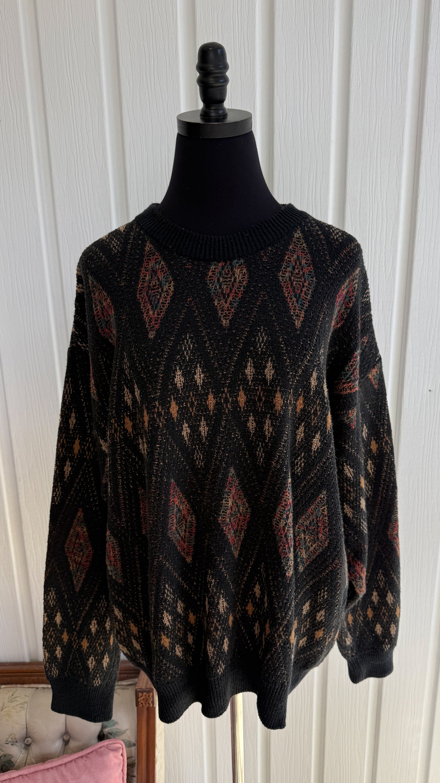 Chandail tricot noir losanges beige- x-large