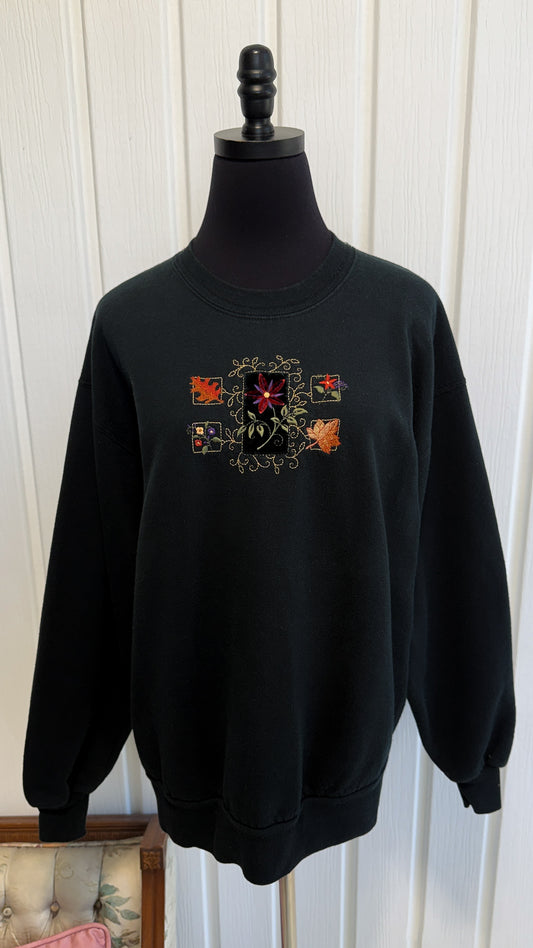 Chandail crewneck noir fleuris- large