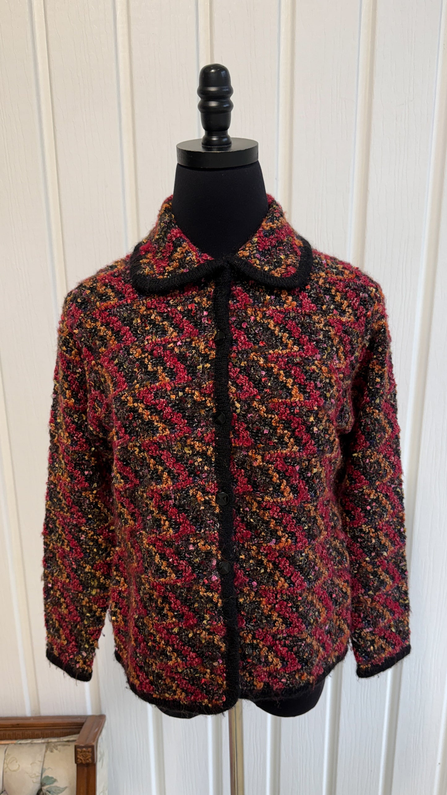 Veste en tricot zigzag rouge et orange- small