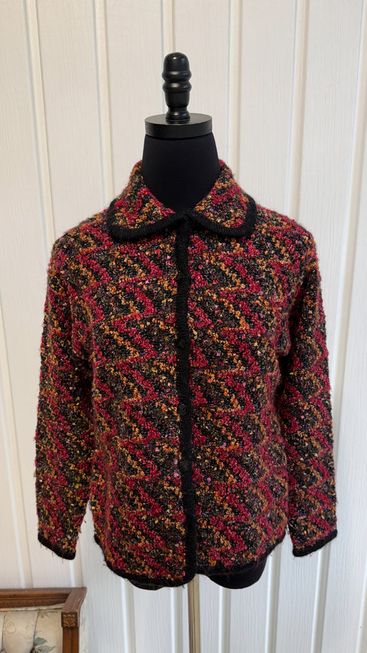 Veste en tricot zigzag rouge et orange- small