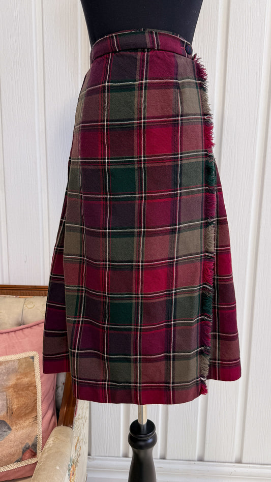 Burgundy plaid wrap skirt - small