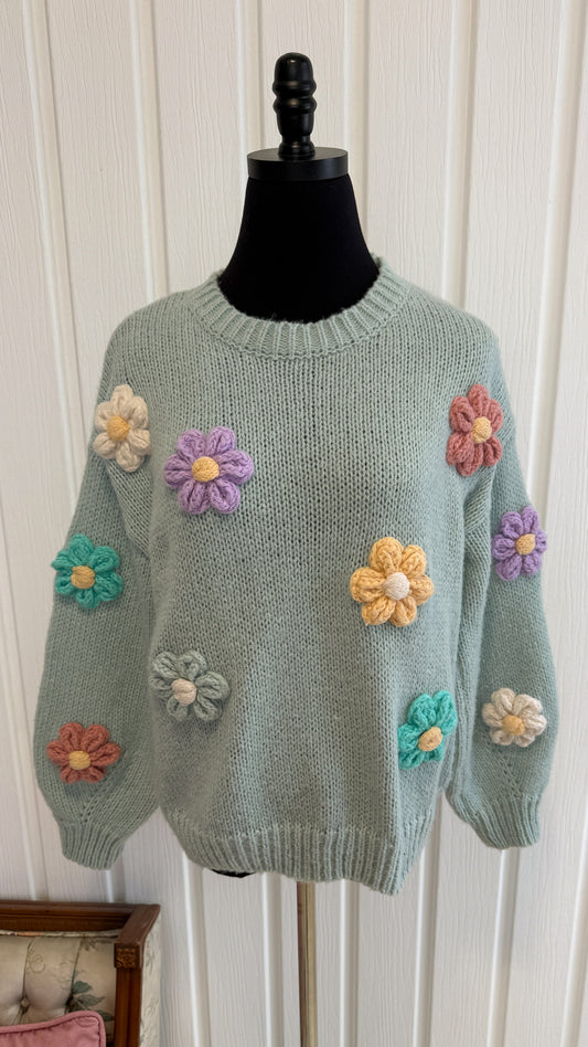 Chandail tricot vert menthe fleuris- small