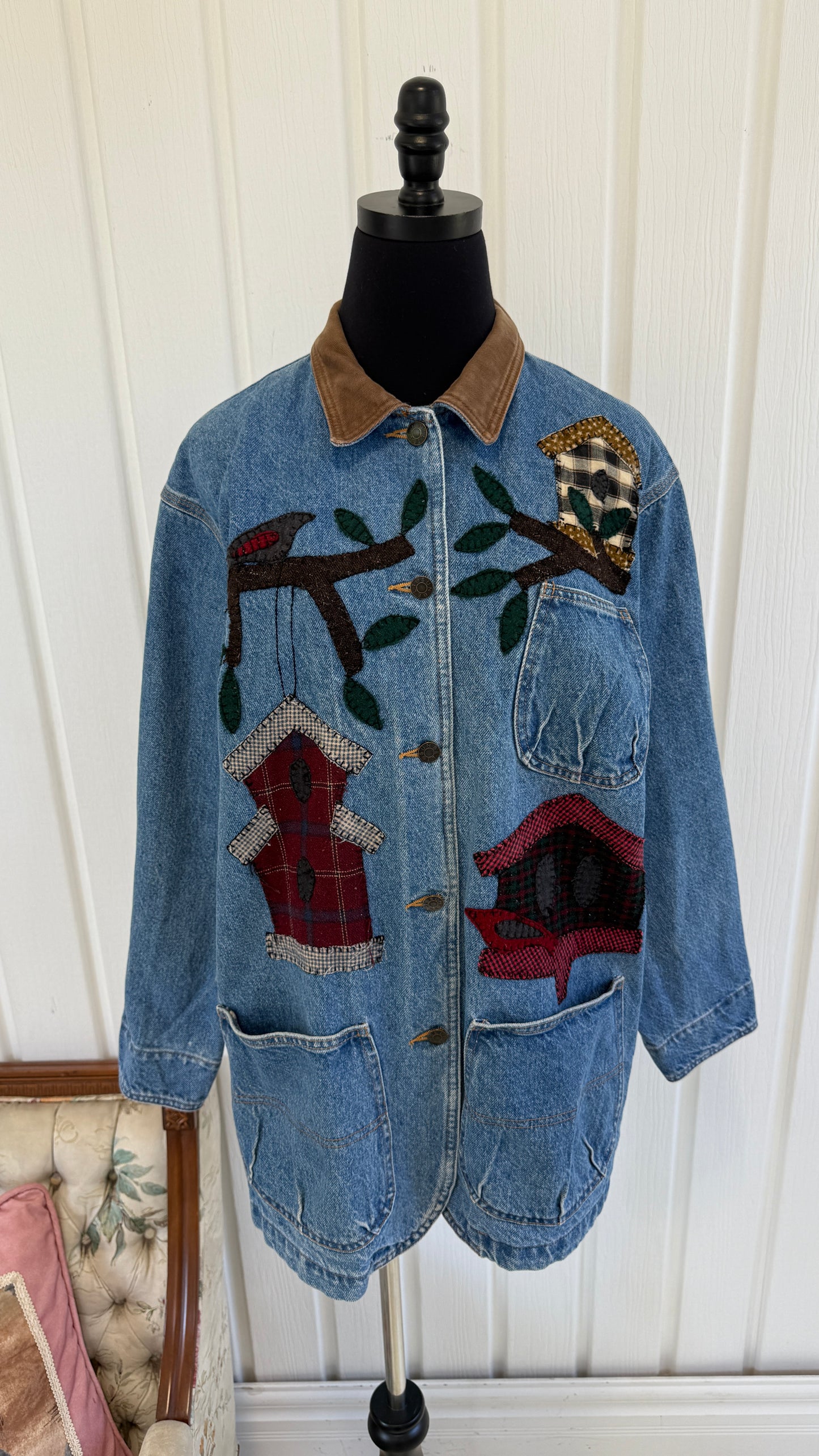 Veste en jeans broderies cabanes oiseaux- small