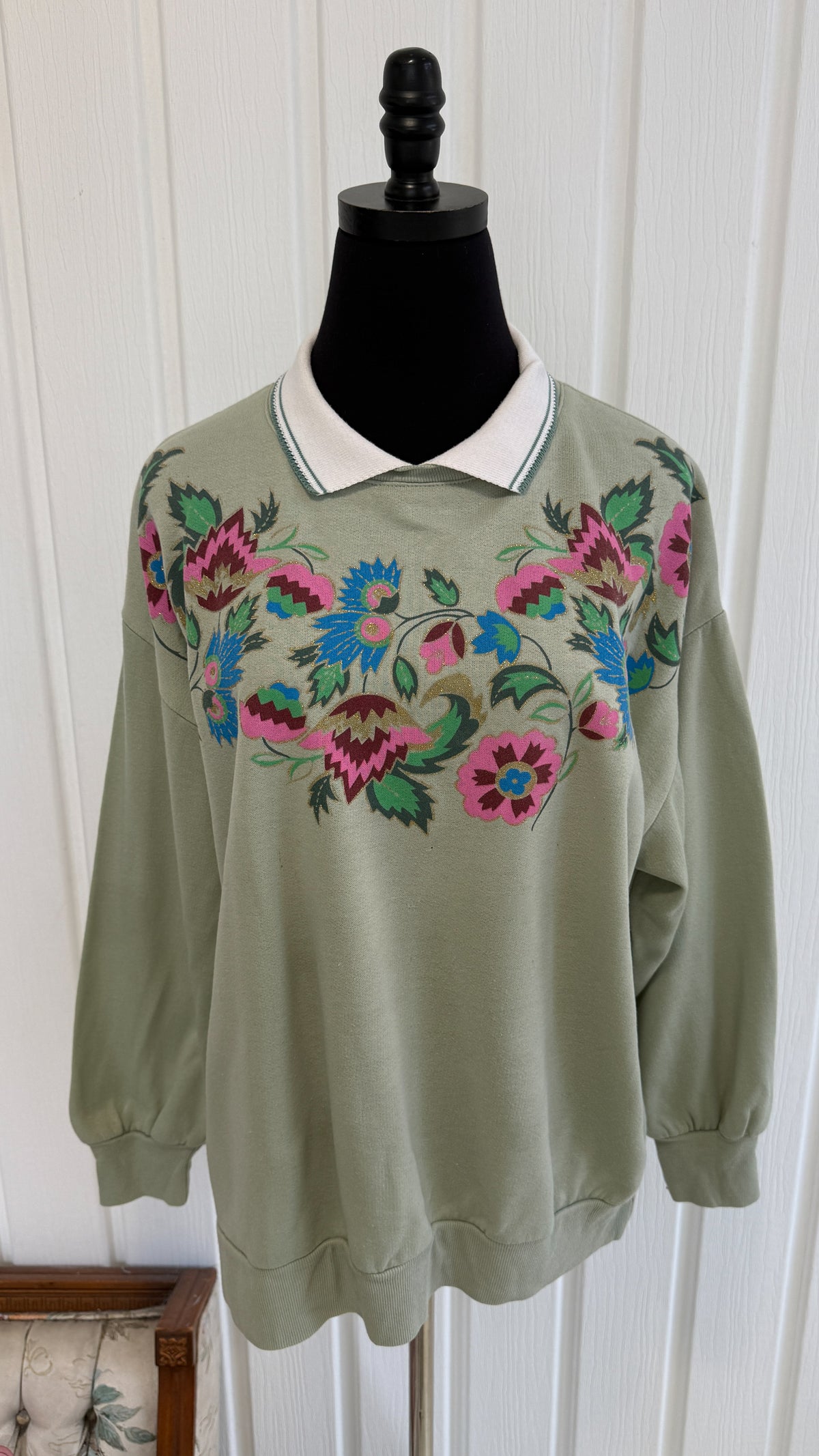 Chandail crewneck vert menthe fleuris- x-large