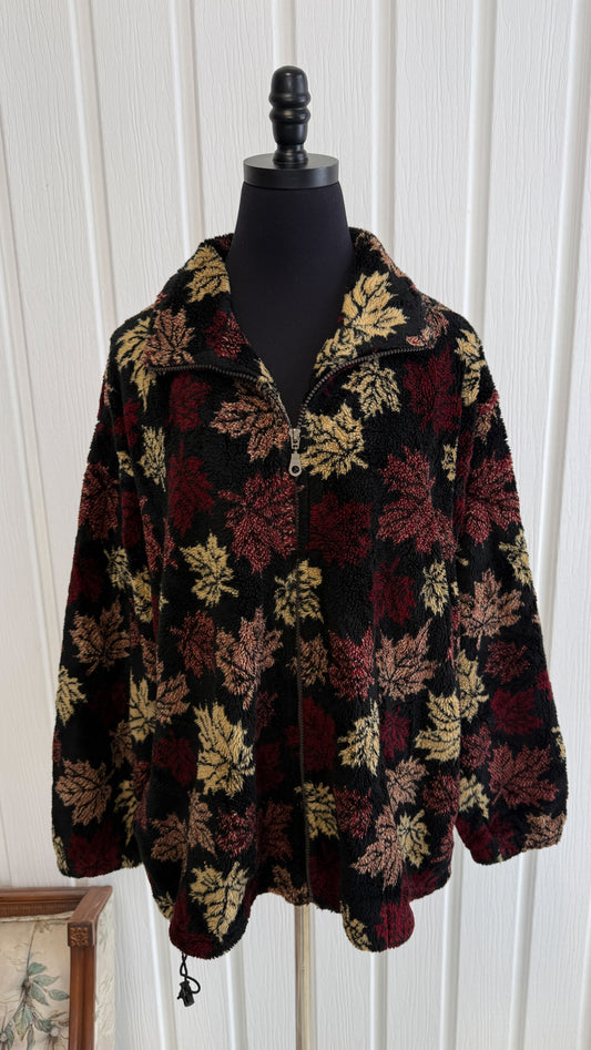 Veste en polar noir feuilles d’érable- medium