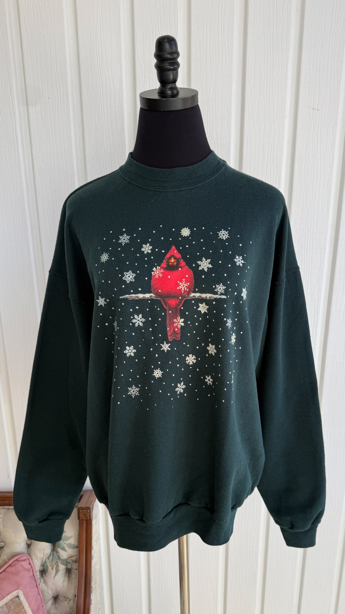 Chandail crewneck vert cardinal flocons- large
