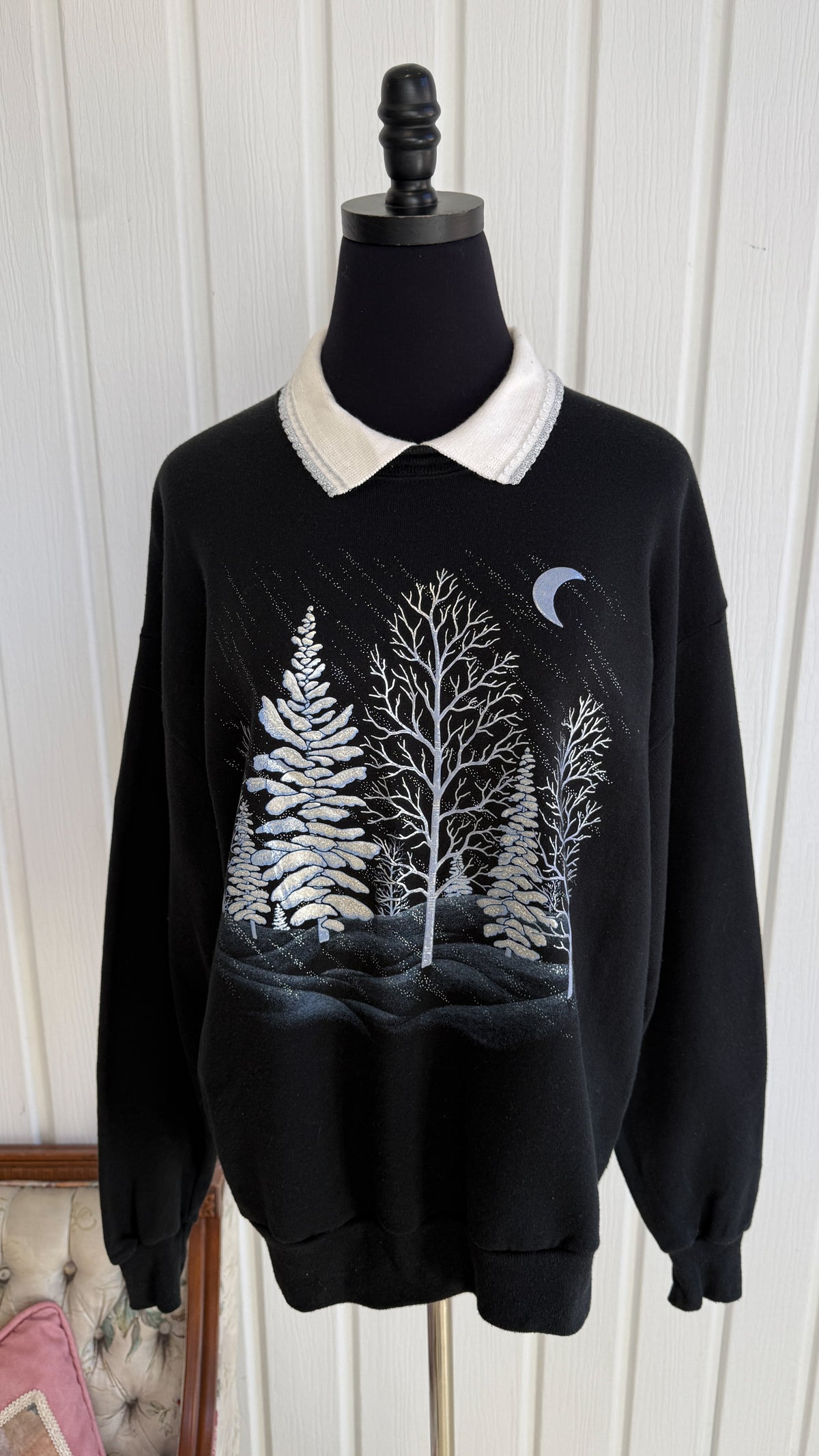 Chandail crewneck noir fôret argenté- large