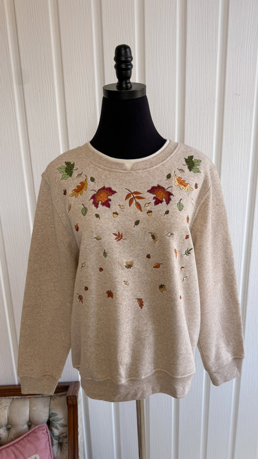 Chandail crewneck beige feuilles- small