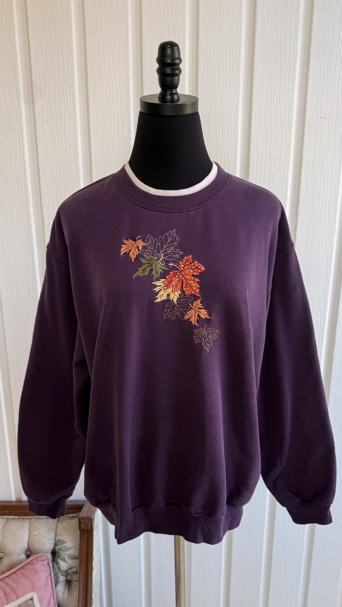 Chandail crewneck mauve feuilles- x-large