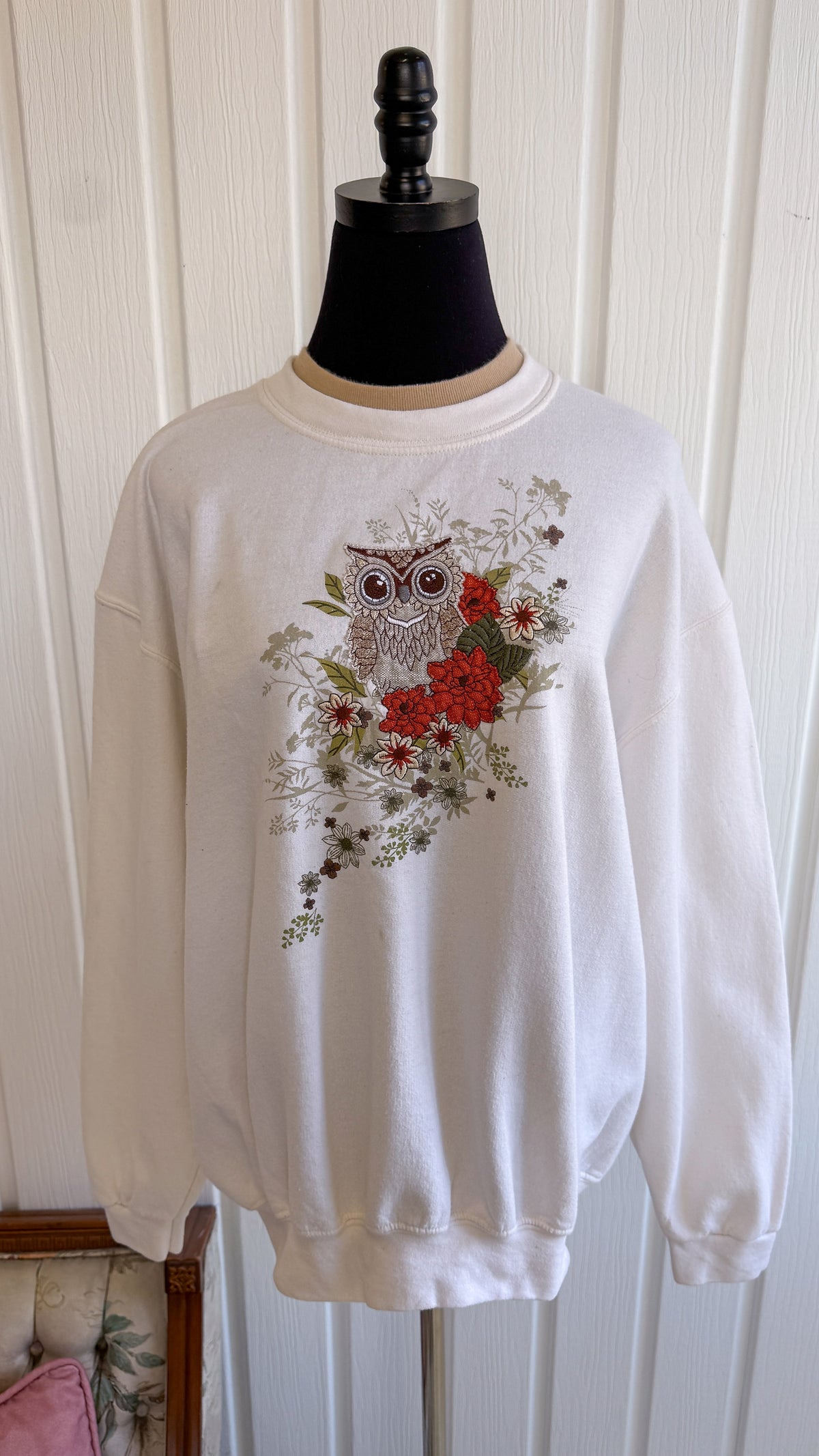 Chandail crewneck blanc creme hibou- taille plus