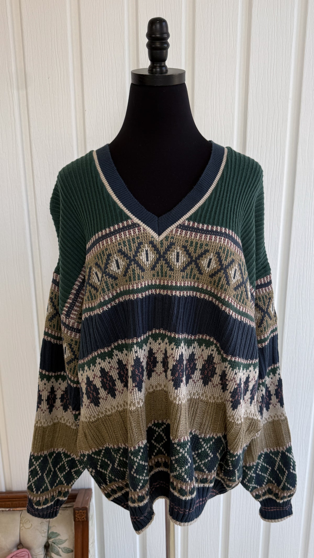 Chandail tricot sarcelle,bleu et beige- large