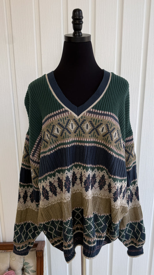 Chandail tricot sarcelle,bleu et beige- large