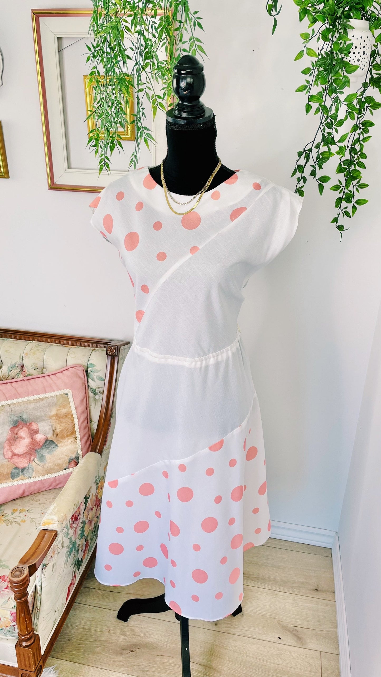 White dress with pink polka dots- medium