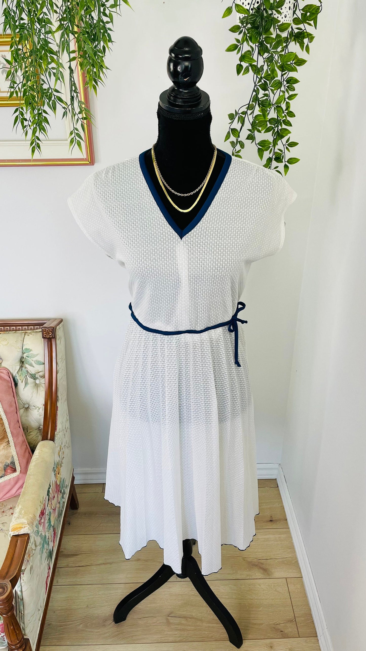 White dress with navy details- medium