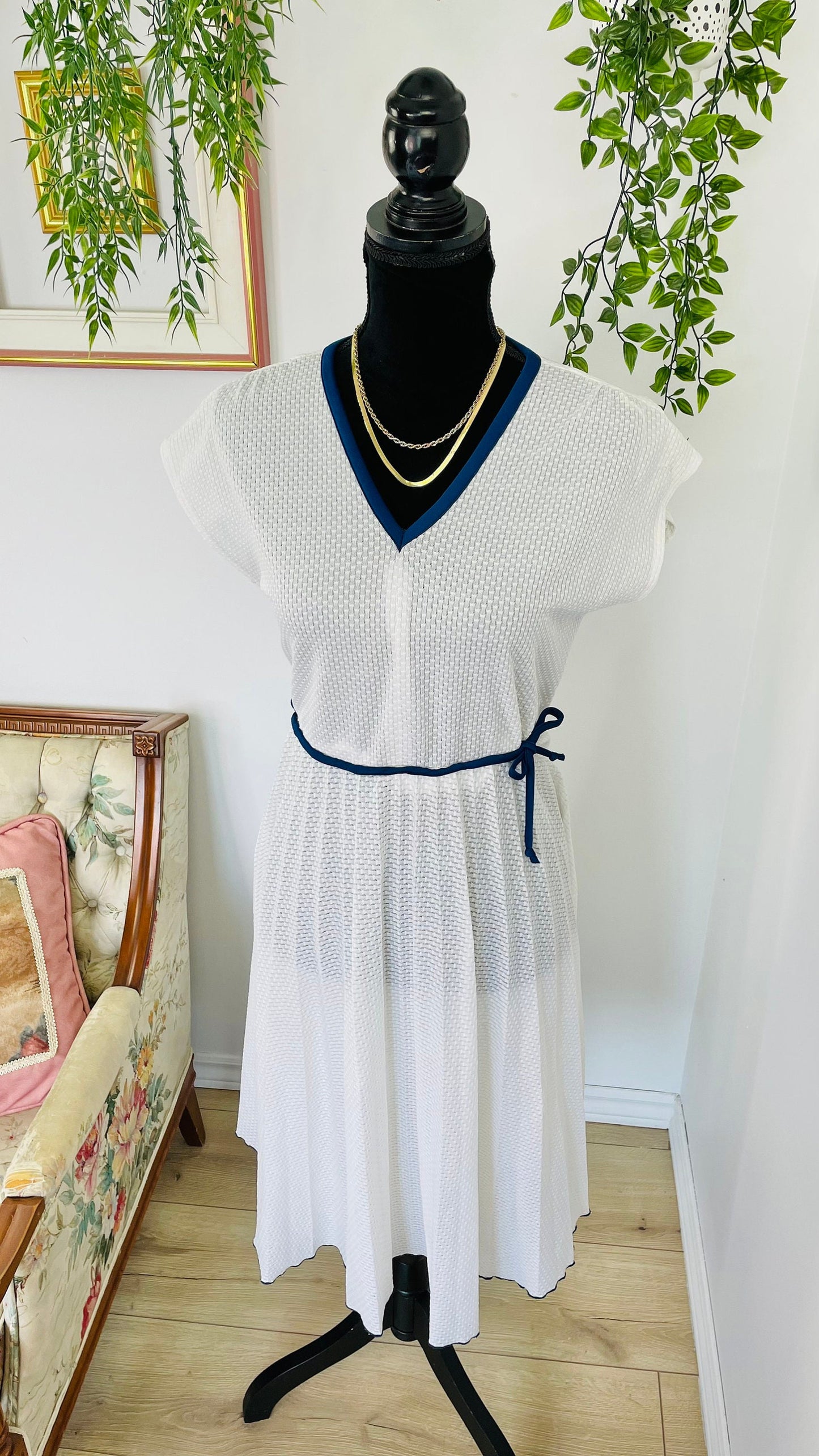 White dress with navy details- medium